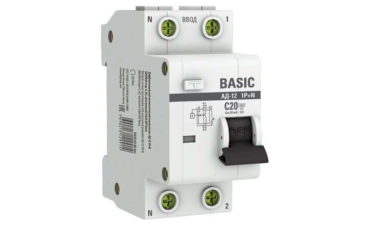 фото - Выключатель автоматический дифференциального тока 1п+N C 20А 30мА тип AC 4.5кА АД-12 Basic EKF DA12-20-30-bas