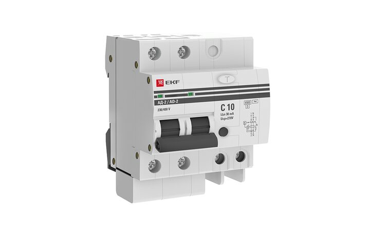 фото - Выключатель автоматический дифференциального тока 2п 4мод. C 10А 30мА тип AC 4.5кА АД-2 EKF DA2-10-30-pro
