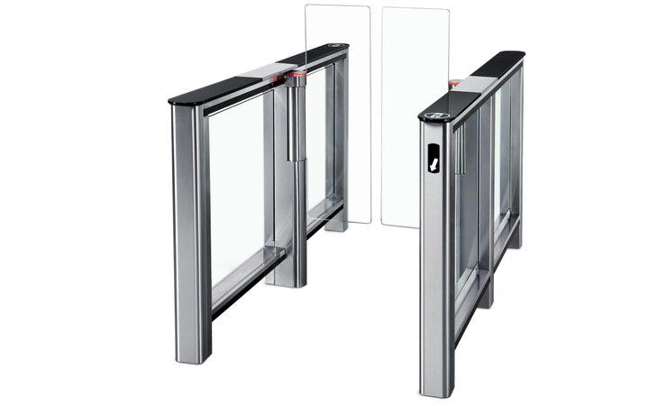 фото - Турникет 'Скоростной проход' PERCo-ST-01 с крышками из закаленного стекла с центральной вставкой из нержавеющей стали со створками(425мм)