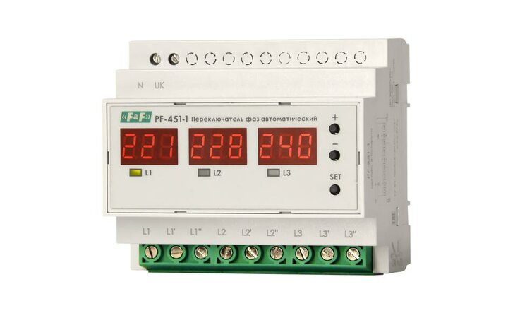 фото - Переключатель фаз автоматический PF-451-1 (2 режима работы: с или без приоритетной фазы. Порог переключения: нижний 140-210В, верхний 240-300В, 3х63А монтаж на DIN-рейке) F&F EA04.005.005