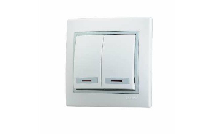 фото - Выключатель 2-кл. СП Мира 10А IP20 с подсветкой с сер. вставкой бел. LEZARD 701-0215-112