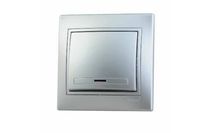фото - Выключатель 1-кл. СП Мира 10А IP20 с подсветкой со вставкой сер. метал. LEZARD 701-1010-111