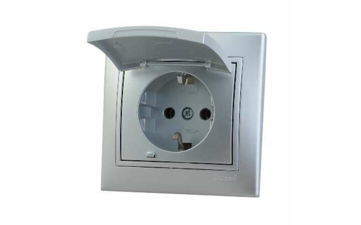 фото - Розетка 1-м СП Мира 16А IP20 с заземл. с крышкой со вставкой керамика сер. метал. LEZARD 701-1010-123