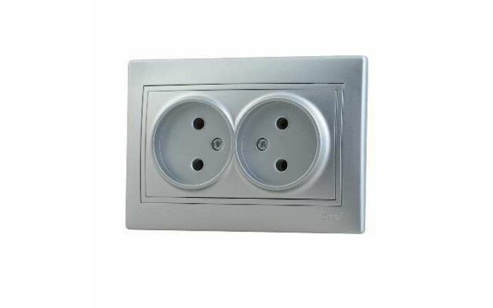 фото - Розетка 2-м СП Мира 16А IP20 без заземл. со вставкой керамика сер. метал. LEZARD 701-1010-128