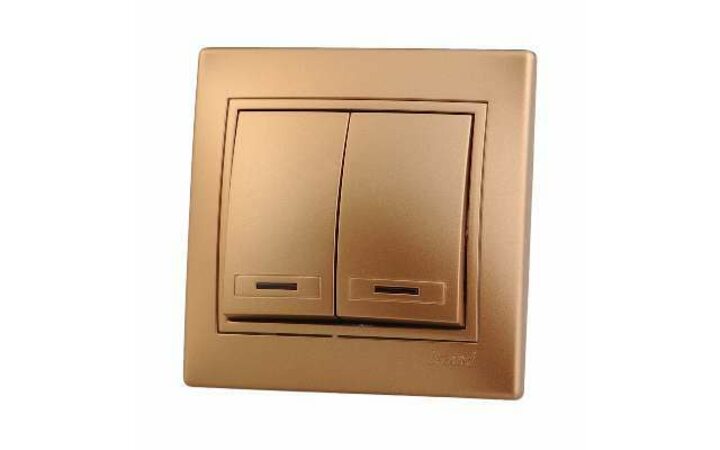 фото - Выключатель 2-кл. СП Мира 10А IP20 с подсветкой со вставкой зол. метал. LEZARD 701-1313-112