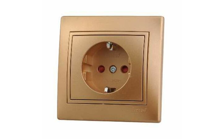 фото - Розетка 1-м СП Мира 16А IP20 с заземл. защ. шторки со вставкой керамика зол. метал. LEZARD 701-1313-124