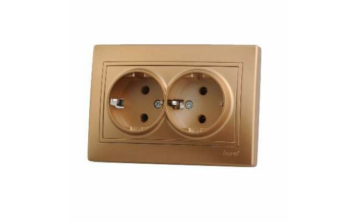 фото - Розетка 2-м СП Мира 16А IP20 с заземл. со вставкой керамика зол. метал. LEZARD 701-1313-127