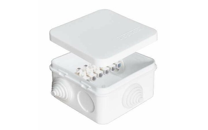 фото - Коробка распределительная ОП 75х75х45мм IP54 с клемм. 7 выходов 3 гермоввода 10А 6 контактов крышка защелкивающаяся бел. Epplast 220323