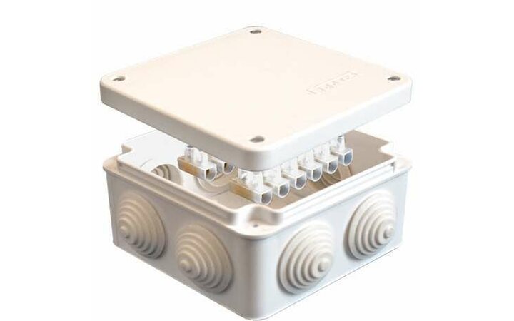 фото - Коробка распределительная ОП 105х105х56мм IP54 с клемм. 7 выходов 4 гермоввода 10А 12 контактов крышка на винтах бел. Epplast 110043