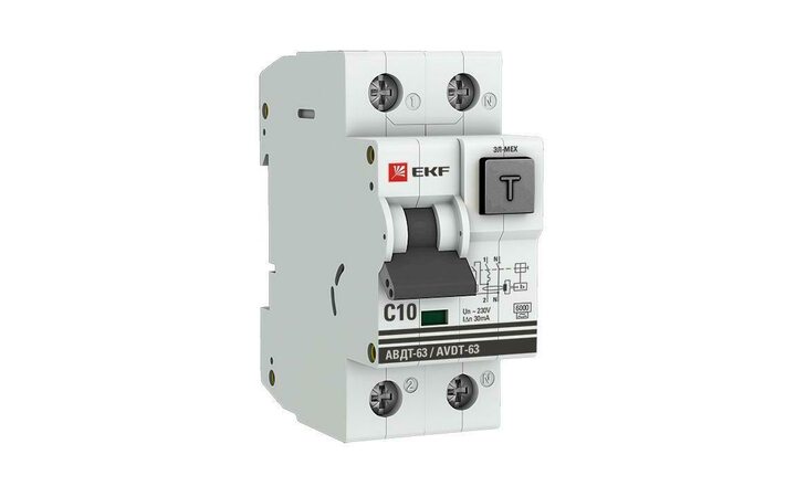 фото - Выключатель автоматический дифференциального тока 1п+N 2мод. C 10А 30мА тип А 6кА АВДТ-63 (электромех.) PROxima EKF DA63-10-30