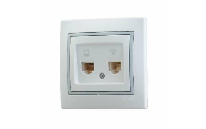 фото - Розетка компьютерная RJ45 + телефонная RJ11 СП Мира 16А IP20 с сер. вставкой бел. LEZARD 701-0215-143