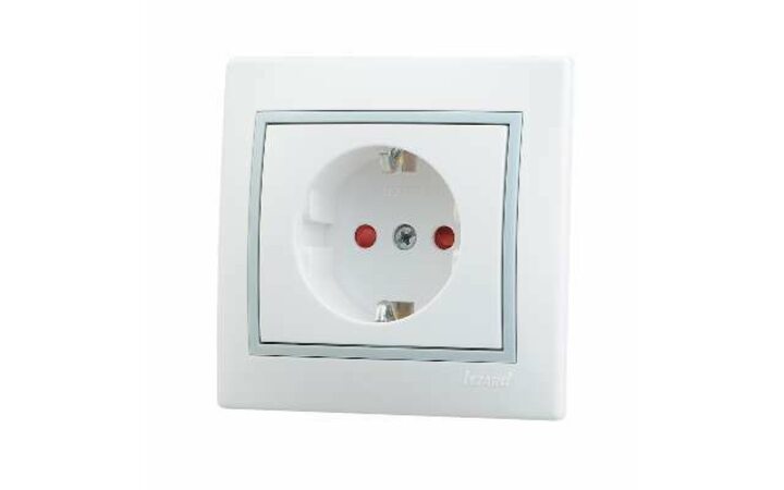 фото - Розетка 1-м СП Мира 16А IP20 с заземл. защ. шторки с сер. вставкой керамика бел. LEZARD 701-0215-124