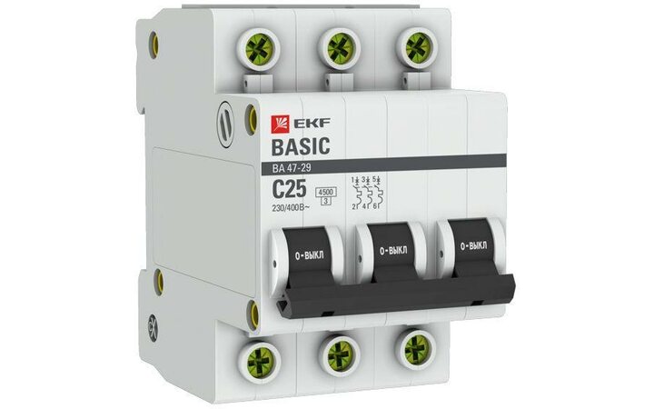 фото - Выключатель автоматический модульный 3п C 25А 4.5кА ВА 47-29 Basic EKF mcb4729-3-25C