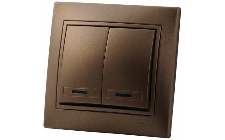 фото - Выключатель 2-кл. СП Мира 10А IP20 с подсветкой со вставкой свет. корич. перламутр. LEZARD 701-3131-112