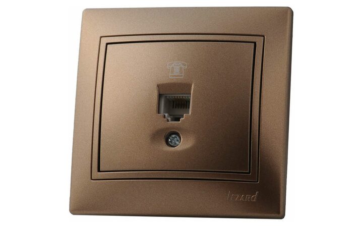 фото - Розетка телефонная RJ11 1-м СП Мира 16А IP20 евро стандарт со вставкой свет. корич. перламутр. LEZARD 701-3131-137