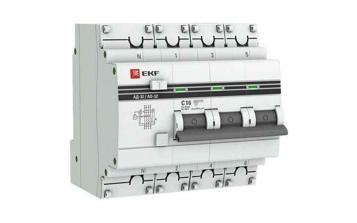 фото - Выключатель автоматический дифференциального тока 3п+N C 16А 30мА тип AC 4.5кА АД-32 PROxima EKF DA32-16-30-4P-pro