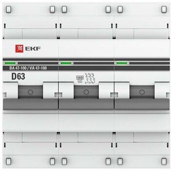 фото - Выключатель автоматический модульный 3п D 63А 10кА ВА 47-100 PROxima EKF mcb47100-3-63D-pro