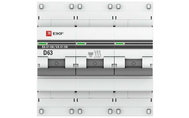 фото - Выключатель автоматический модульный 3п D 63А 10кА ВА 47-100 PROxima EKF mcb47100-3-63D-pro