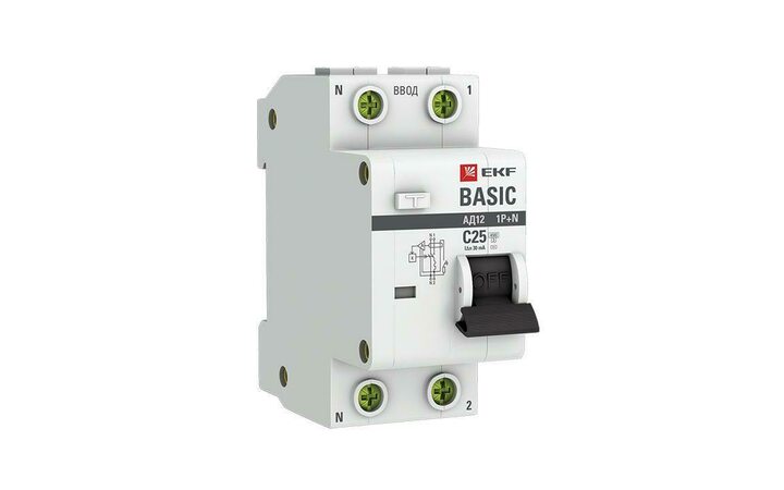 фото - Выключатель автоматический дифференциального тока 1п+N C 25А 30мА тип AC 4.5кА АД-12 Basic EKF DA12-25-30-bas