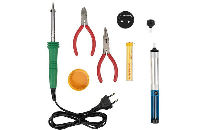 фото - Набор для пайки №13 (паяльник 30Вт подставка губка для удаления припоя канифоль припой) Rexant 12-0166