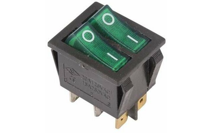 фото - Выключатель клавишный 250В 15А (6с) ON-OFF зел. с подсветкой ДВОЙНОЙ (RWB-511 SC-797) Rexant 36-2412