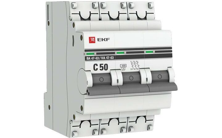 фото - Выключатель автоматический модульный 3п C 50А 4.5кА ВА 47-63 PROxima EKF mcb4763-3-50C-pro