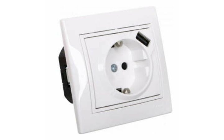 фото - Розетка 1-м СП Мира 16А с з/к + USB разъем бел. LEZARD 701-0202-181