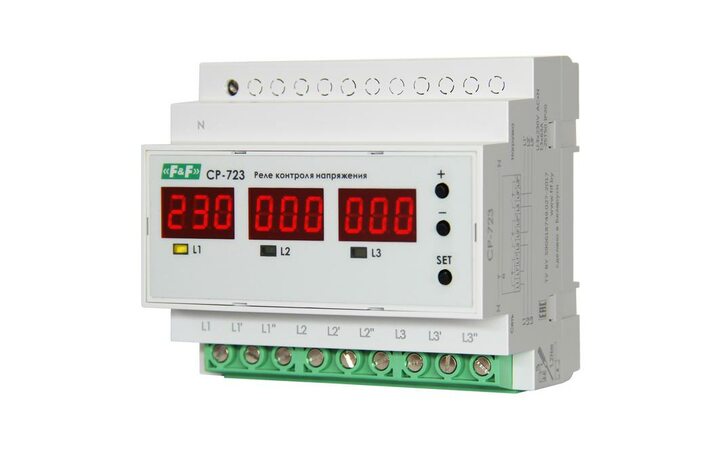 фото - Реле контроля напряжения CP-723 (трехфазное, два режима работы - три однофазных реле или трехфазное реле напряжения, монтаж на DIN-рейке, 100…450 AC 3NO 3х63А) F&F EA04.009.015