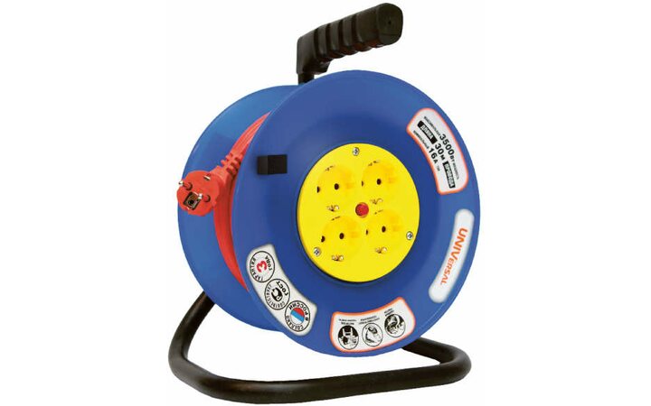 фото - Удлинитель на катушке 4х30м с заземл. 6А IP44 ВЕМ-250 термо ПВС 3х0.75 розетки с защ. шторками UNIVersal 1680