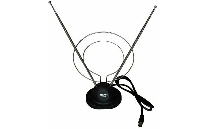 фото - Антенна ТВ комнатная RX-100 телескопич. на подставке с кольцом VHF, UHF 47-860MHz REXANT 34-0100