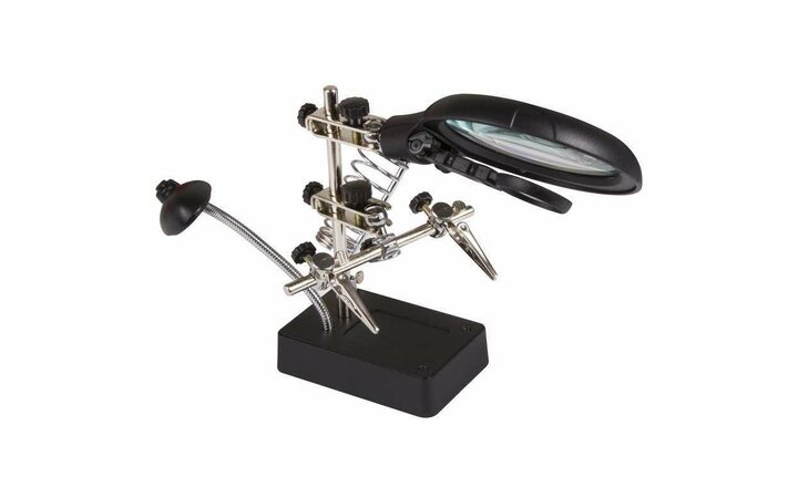 фото - Держатель 'третья рука' с лупой х2.5 подставка под паяльник LED подсветка Rexant 12-0250