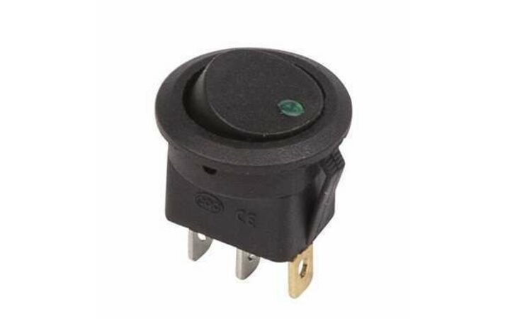 фото - Выключатель клавишный круглый 12В 16А (3с) ON-OFF черн. с зел. подсветкой (RWB-215 MIRS-101Е-8С/D) Rexant 36-2583