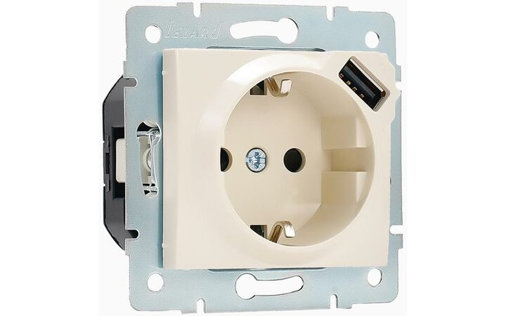 фото - Механизм розетки 1-м СП KARINA 16А с з/к + USB разъем крем LEZARD 707-0388-181