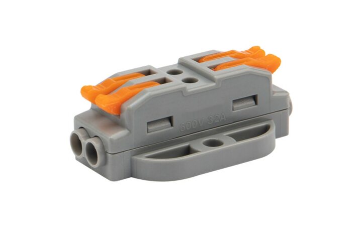 фото - REXANT Клемма СМК 222-422P проходная 2 полюса, с монтажной площадкой (0,08-4 мм²), серая (07-6262)