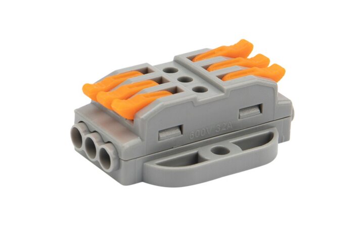 фото - REXANT Клемма СМК 222-423P проходная 3 полюса, с монтажной площадкой (0,08-4 мм²), серая (07-6263)