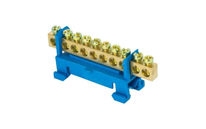 фото - Шина нулевая N 6х9 10 отверстий синий изолятор тип 'Стойка' на DIN-рейку латунь PROxima EKF sn0-63-10-sb