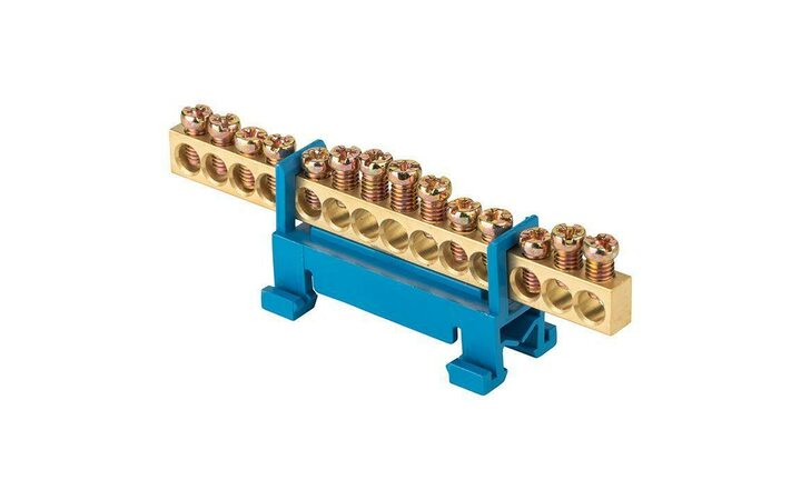 фото - Шина нулевая N 6х9 14 отверстий синий изолятор тип 'Стойка' на DIN-рейку латунь розн. стикер PROxima EKF sn0-63-14-sb-r