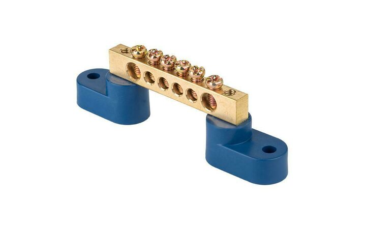 фото - Шина нулевая N 6х9 6 отверстий 2 синих угловых изолятора латунь PROxima EKF sn0-2-63-06