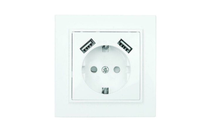 фото - Розетка 1-м СП Минск 16А IP20 с заземл. защ. шторки с 2-мя заряд. устройствами USB 2.1А бел. EKF ERR16-028-100-2USB