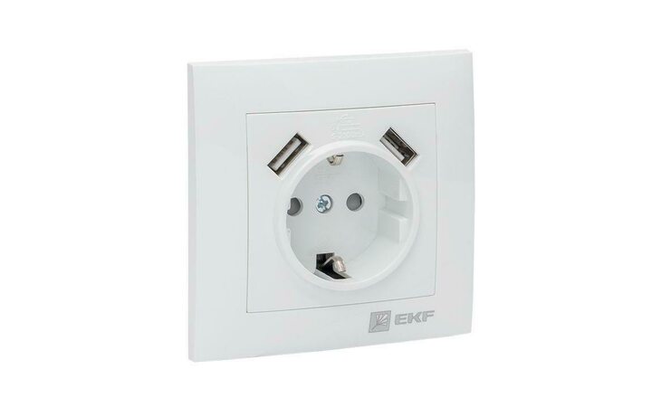 фото - Розетка 1-м СП Валенсия 16А IP20 с заземл. защ. шторки с 2-мя заряд. устройствами USB 2.1А бел. PROxima EKF EWR16-028-10-2USB