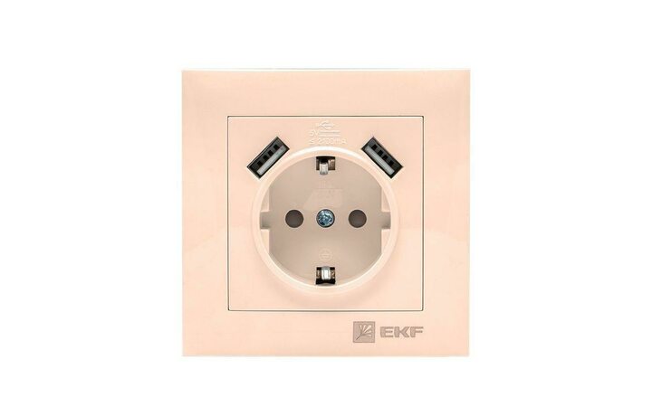 фото - Розетка 1-м СП Валенсия 16А IP20 с заземл. защ. шторки с 2-мя заряд. устройствами USB 2.1А крем. PROxima EKF EWR16-028-20-2USB