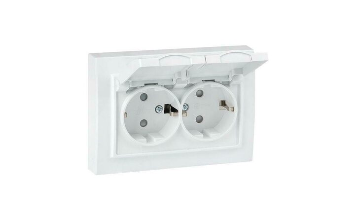 фото - Розетка 2-м СП Минск 16А IP44 с заземл. защ. шторки с крышкой бел. EKF ERR16-129-200-44