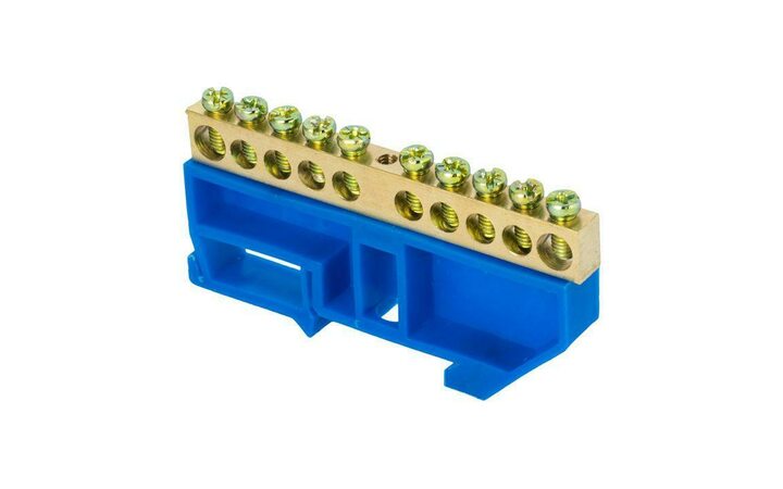 фото - Шина нулевая N 8х12 10 отвер. латунь син. изолятор на DIN-рейку PROxima EKF sn0-125-10-d