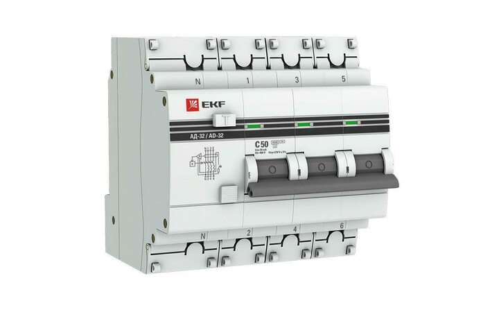 фото - Выключатель автоматический дифференциального тока 4п C 50А 30мА тип AC 4.5кА АД-32 защита 270В электрон. PROxima EKF DA32-50-30-4P-pro