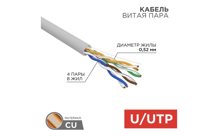 фото - Кабель витая пара U/UTP, CAT 5e, PVC, 4х2х0,52 мм, 24AWG, INDOOR, SOLID, серый, 305 м REXANT PRO (02-0005)