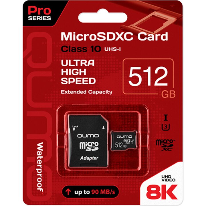 фото - QUMO QM512GMICSDXC10U3 MicroSDXC 512Gb Class 10 UHS-I, SD adapter