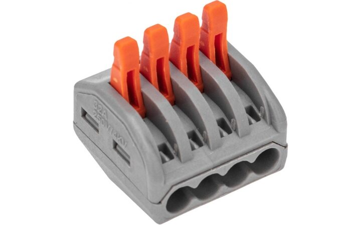 фото - Универсальная клемма СМК 222-414, 4-проводная серая 0,08-2,5/4 мм² (50 шт/уп) REXANT (07-5254-4)