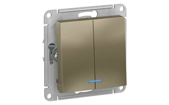фото - Выключатель 2-кл. СП AtlasDesign 10А IP20 (сх. 5а) 10AX с подсветкой механизм шампань SE ATN000553