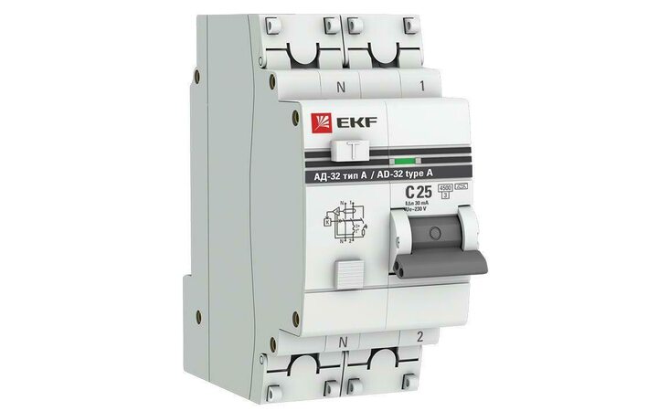 фото - Выключатель автоматический дифференциального тока 2п (1P+N) 25А 30мА тип A АД-32 PROxima EKF DA32-25-30-a-pro