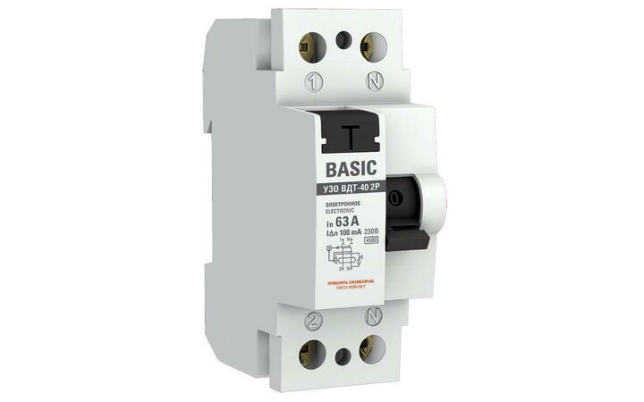 фото - Выключатель дифференциального тока (УЗО) 2п 63А 100мА тип AC электрон.Basic EKF elcb-2-63-100e-sim